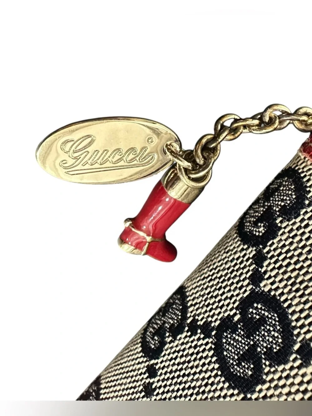 Gucci GG Monogram Navy Canvas & Red Leather Boot Charm Compact Bifold Wallet - Picture 3 of 16